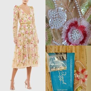 STUNNING NEW 14 MAC DUGGAL FLORAL NEUTRAL TAN BEADED TEA LENGTH DRESS 5415 NWT